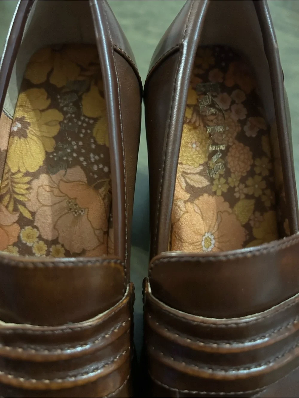 Korks Brown Leather Platform Penny Loafers with Floral Insole